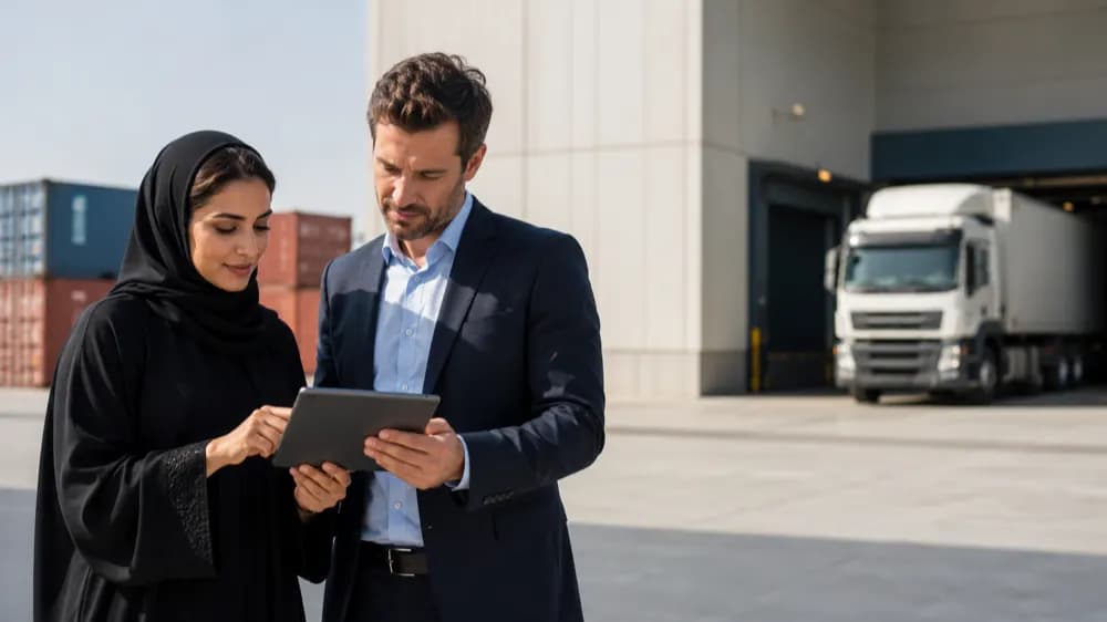 Two colleagues reading a tender on a tablet outside a freight depot