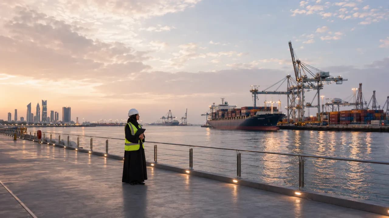 A port worker checking a manifest beside a container ship at dusk