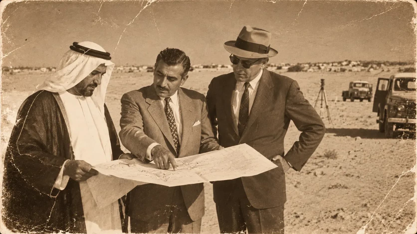 Founding-era survey of Abu Dhabi, officials reviewing a development map