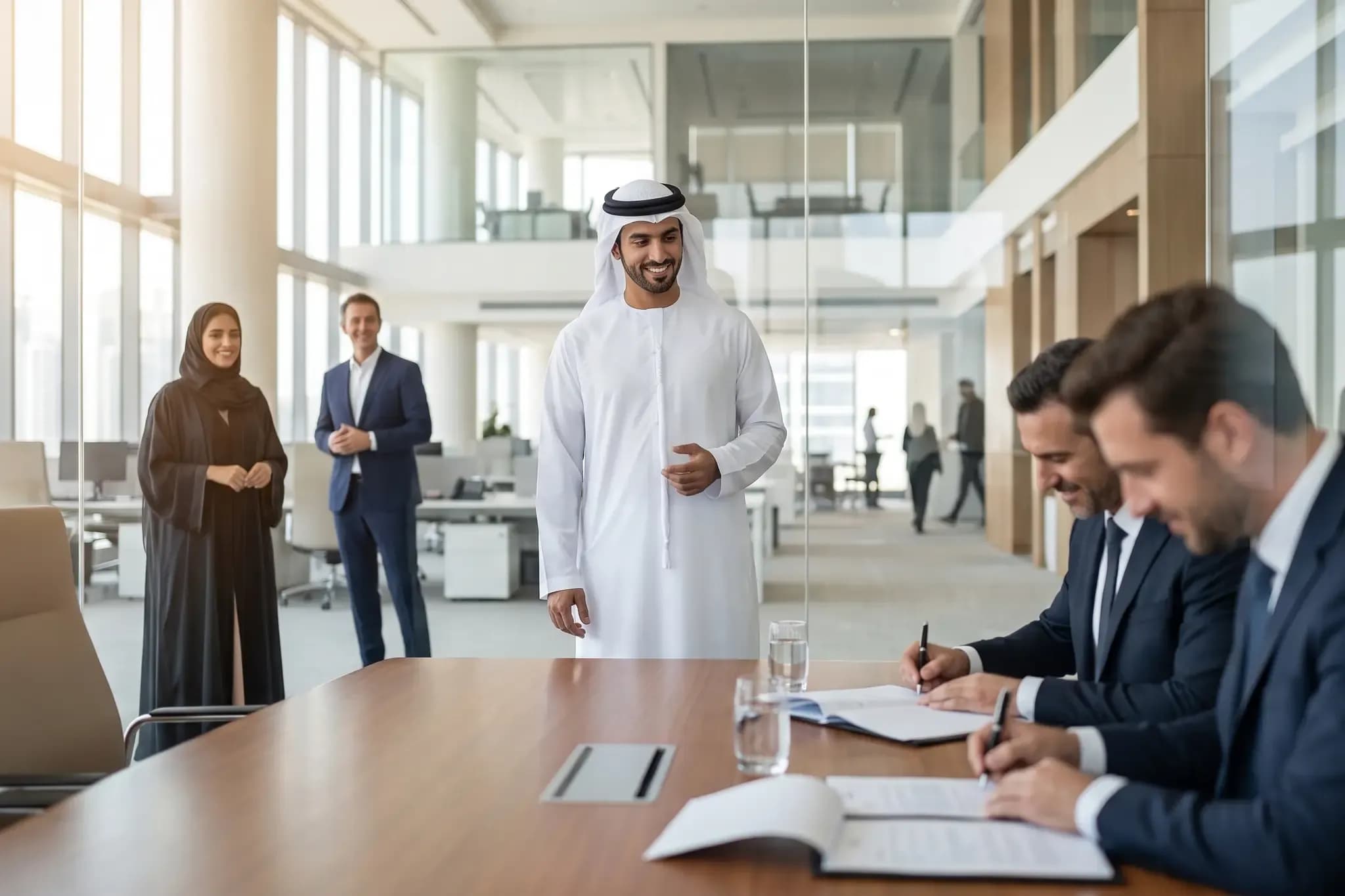 An Emirati official signing an agreement at a conference table while two partners sign opposite and colleagues look on