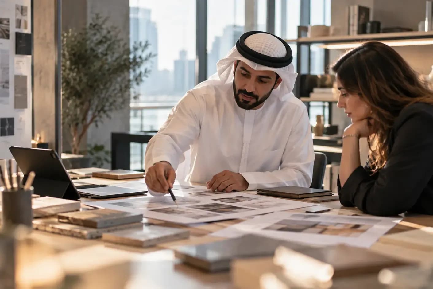 An Emirati man and a colleague working through printed documents and material samples at a desk