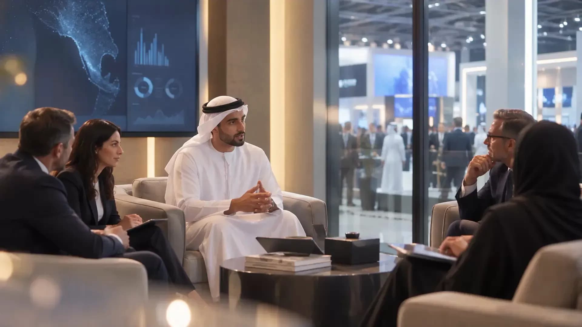 An Emirati businessman talking with international delegates in a lounge overlooking an exhibition hall.