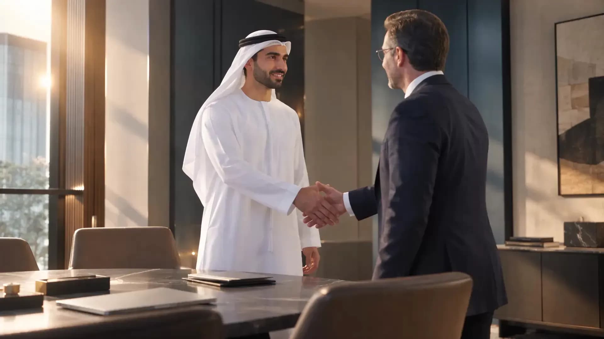 An Emirati businessman shaking hands with a business partner in a sunlit office.