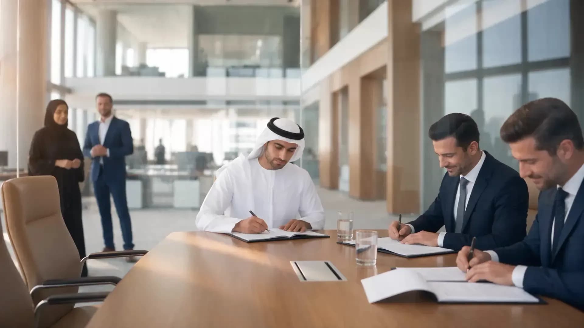 An Emirati man and two international partners signing agreements at a conference table