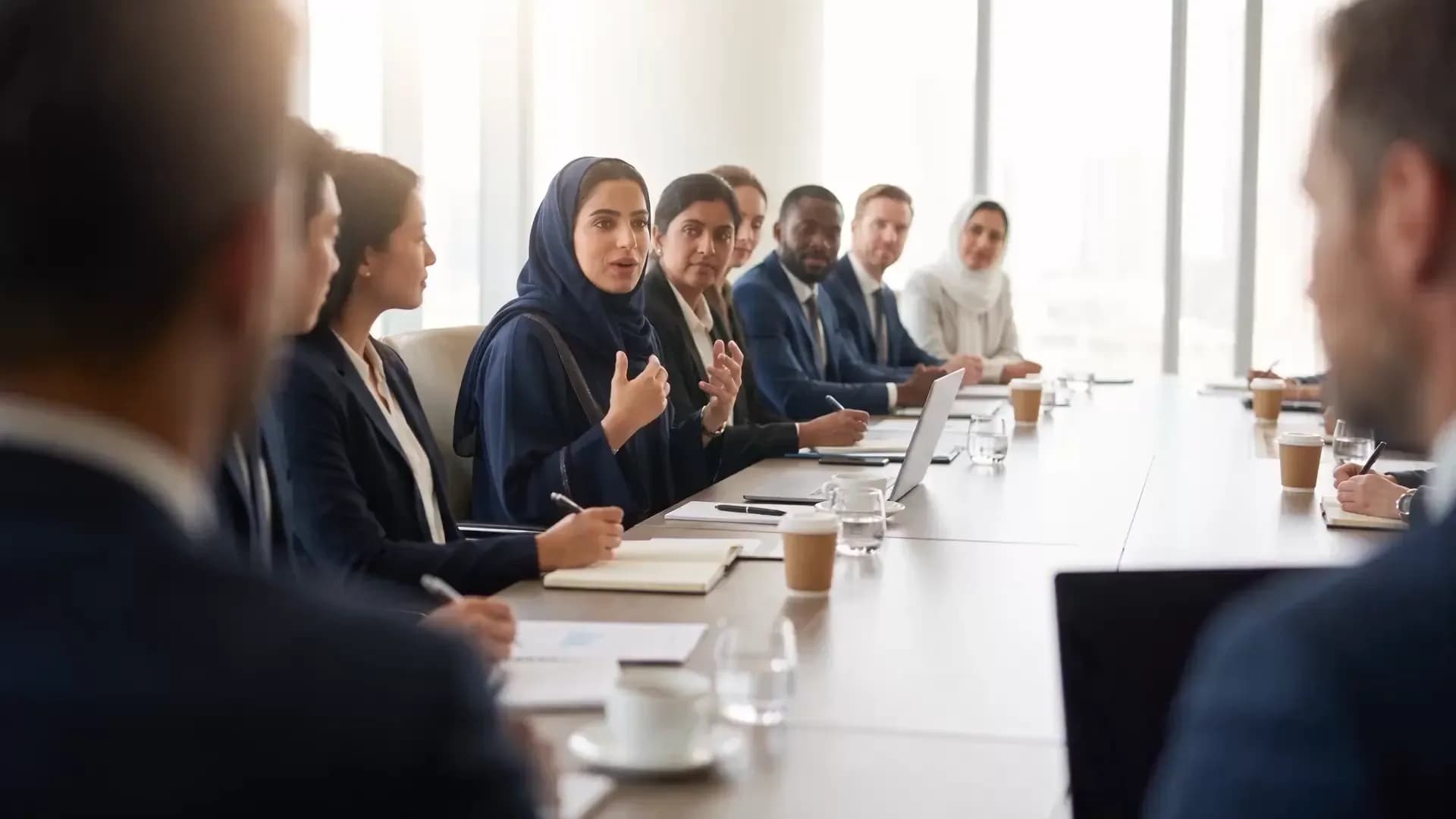 Six people around a long boardroom table, an Emirati man mid-gesture as he speaks, laptops and notebooks open in front of them.