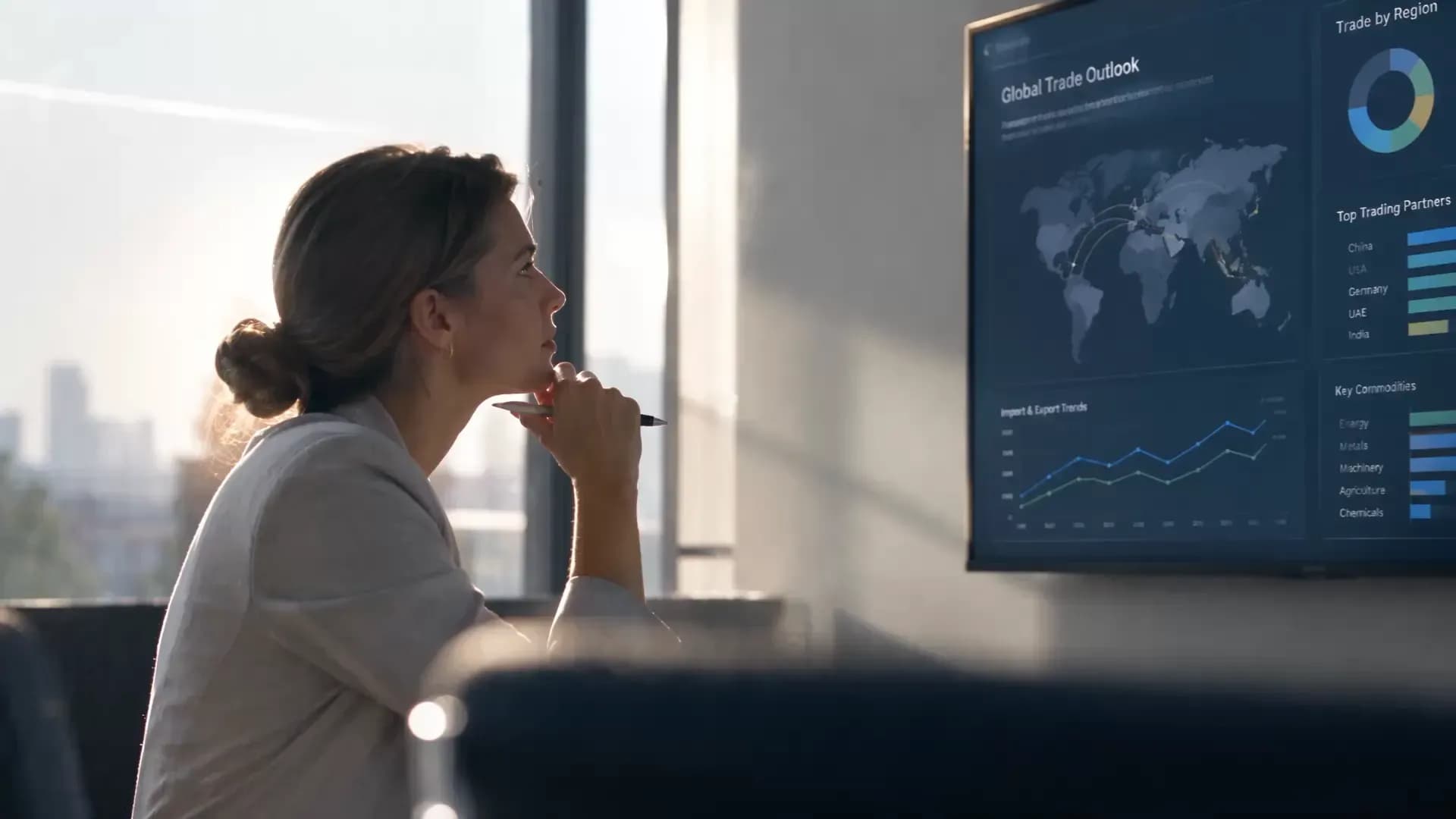 A woman studying a global trade outlook dashboard on a wall screen