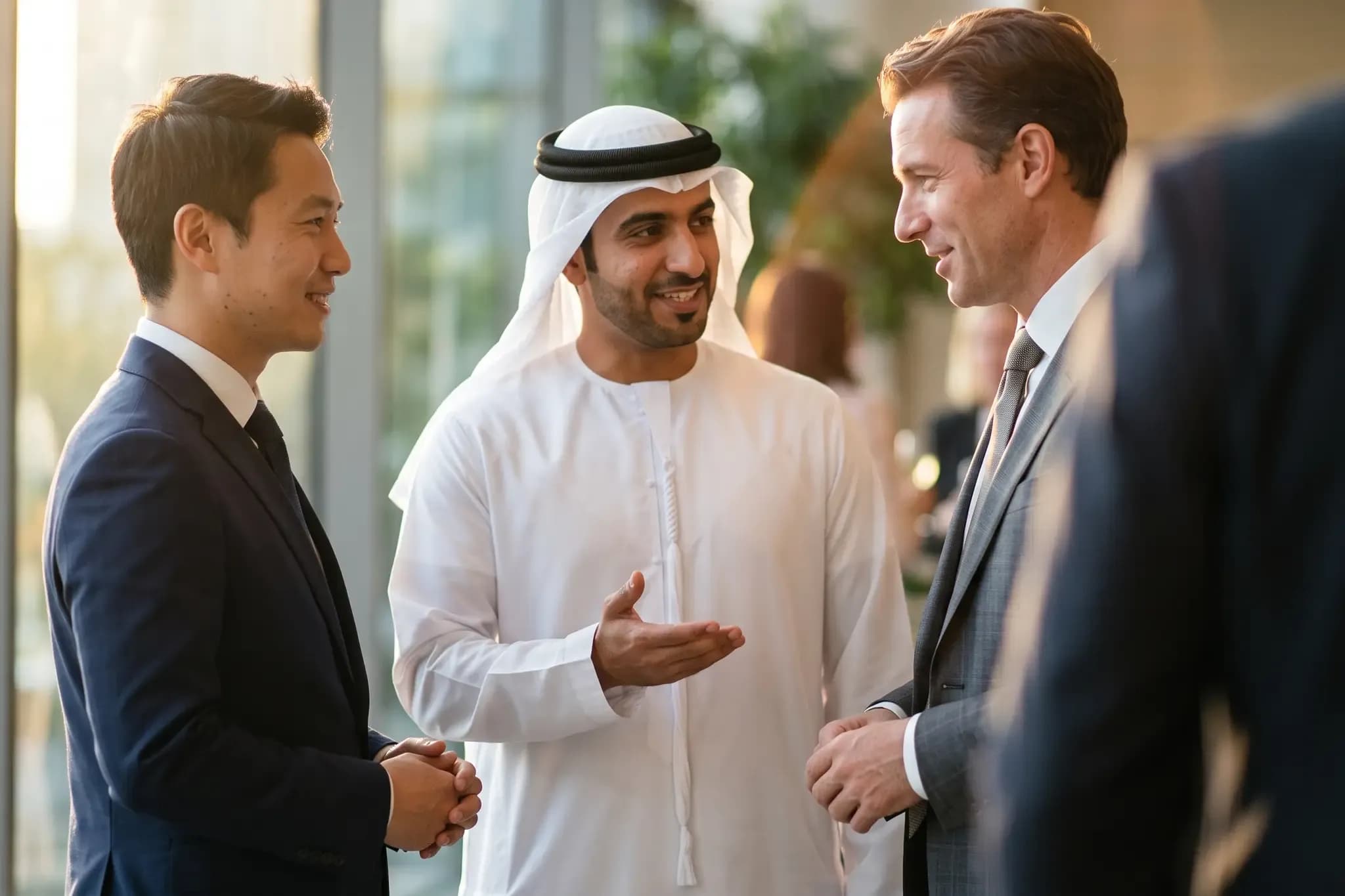 An Emirati delegate being introduced to an international business colleague in a sunlit office lobby