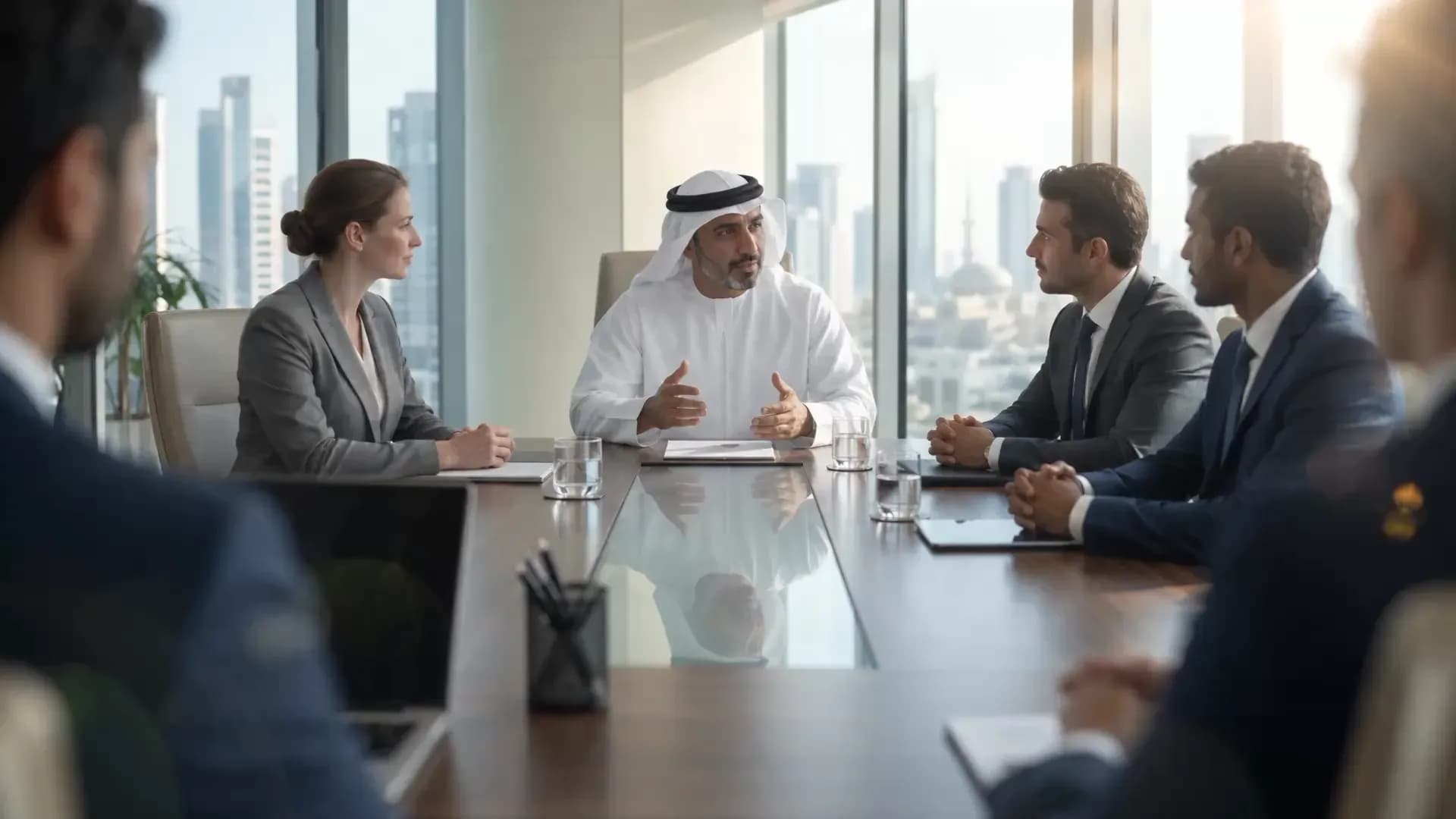 An Emirati businessman leading a meeting with international delegates around a boardroom table